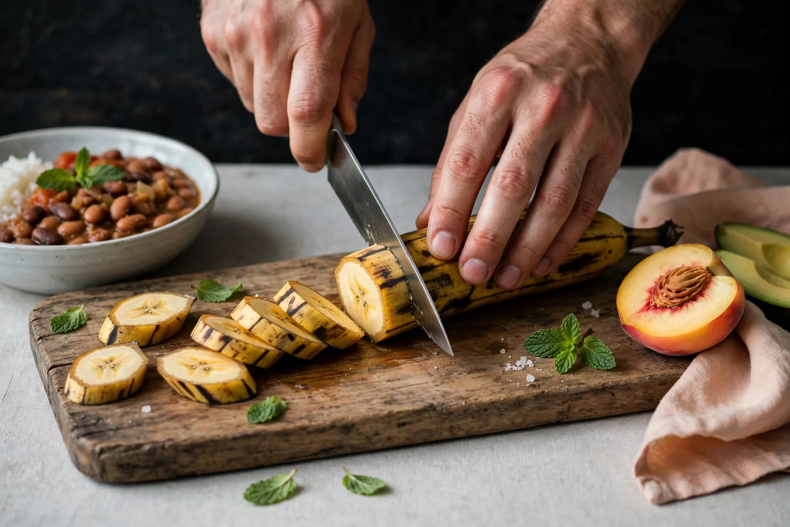 Ripe plantain being sliced