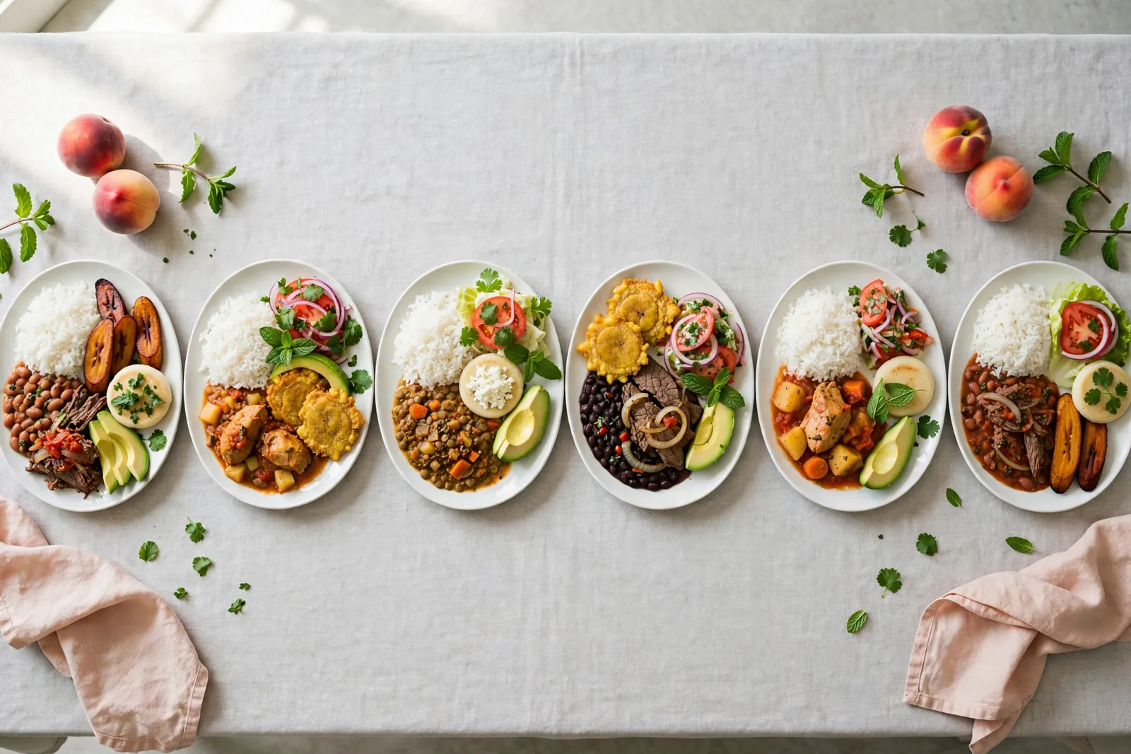 Six lunch plates in a row