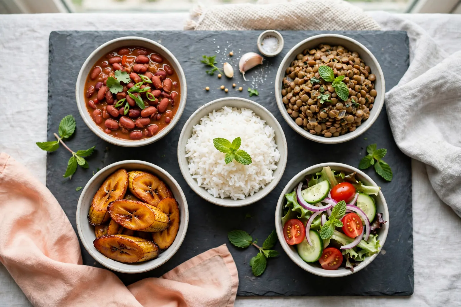 Rice, beans, lentils, plantain and salad