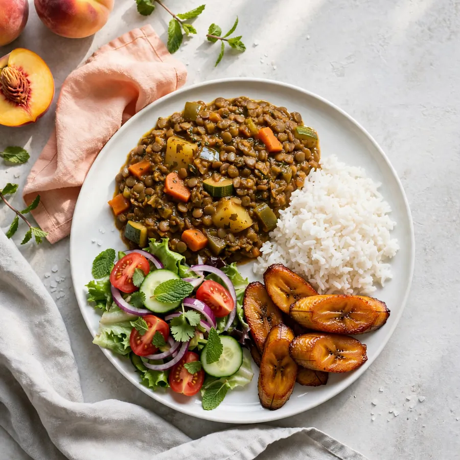 Vegetable and lentil stew lunch plate